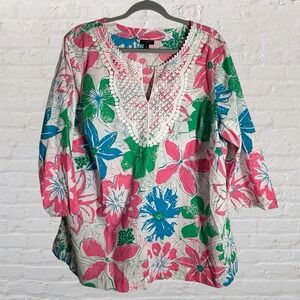 Talbots Tunic Top Plus Size 2X Lace Appliqué Bib Anguilla Floral Cotton Popover
